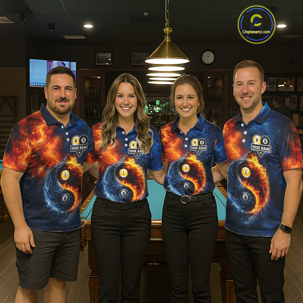 Personalized Water And Fire 8 Ball & 9 Ball Billiard Shirt For Women, Pool Team Jersey Polo & 1/4 Zip TDM6297