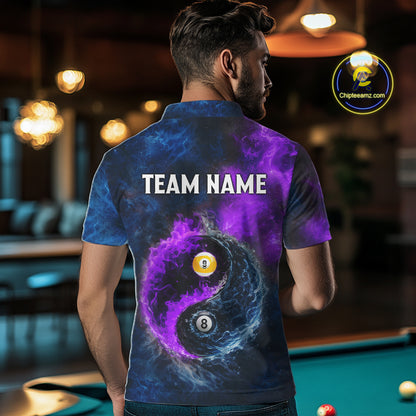 Custom Blue Purple Water Fire Billiard Shirt For Men, 8 Ball & 9 Ball Pool Jersey Polo & 1/4 Zip TDM6298