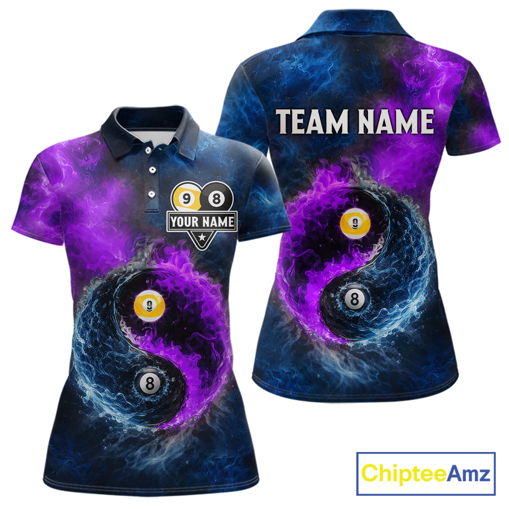 Custom Blue Purple Water Fire Billiard Shirt For Women, 8 Ball & 9 Ball Pool Jersey Polo & 1/4 Zip TDM6298