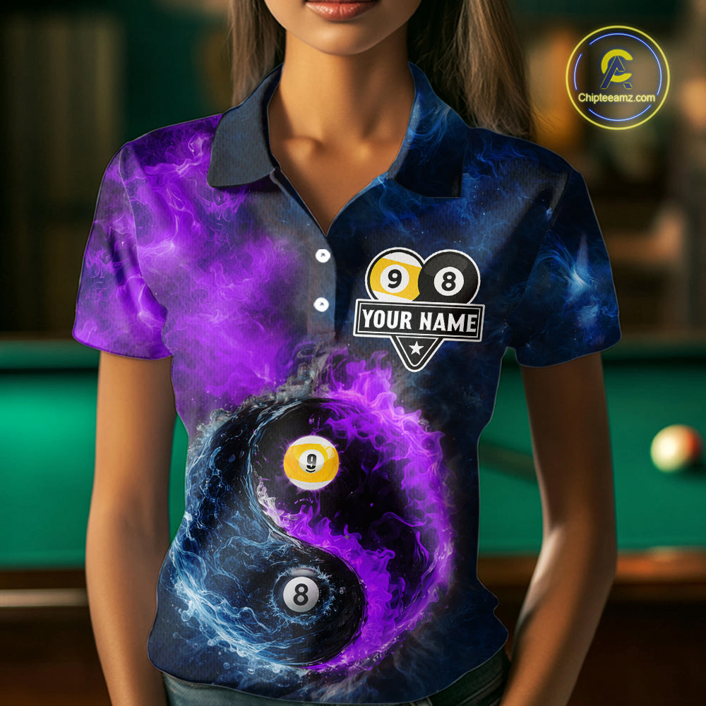 Custom Blue Purple Water Fire Billiard Shirt For Women, 8 Ball & 9 Ball Pool Jersey Polo & 1/4 Zip TDM6298