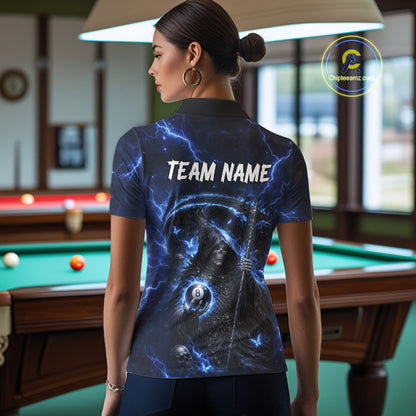 Blue 8 Ball Pool Grim Reaper Billiard Shirt For Women Custom Billiard Team Jersey Polo & 1/4 Zip TDM6300