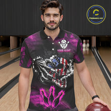 Load image into Gallery viewer, Pink Flaming American Flag Skull Bowling Shirt For Men Custom Fire Bowling Team Jersey TDM4751