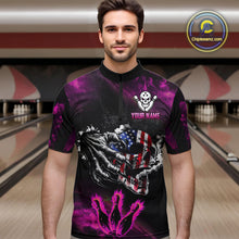 Load image into Gallery viewer, Pink Flaming American Flag Skull Bowling Shirt For Men Custom Fire Bowling Team Jersey TDM4751
