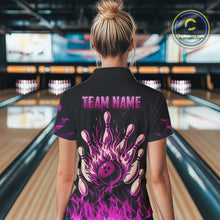 Load image into Gallery viewer, Pink Flaming American Flag Skull Bowling Shirt For Women Custom Fire Bowling Team Jersey TDM4751
