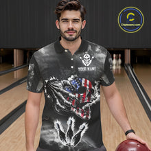 Load image into Gallery viewer, Black And White Flaming American Flag Skull Bowling Shirt For Men Custom Fire Bowling Team Jersey TDM4752
