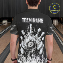Load image into Gallery viewer, Black And White Flaming American Flag Skull Bowling Shirt For Men Custom Fire Bowling Team Jersey TDM4752
