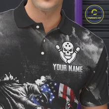 Load image into Gallery viewer, Black And White Flaming American Flag Skull Bowling Shirt For Men Custom Fire Bowling Team Jersey TDM4752