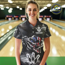 Load image into Gallery viewer, Black And White Flaming American Flag Skull Bowling Shirt For Women Custom Fire Bowling Team Jersey TDM4752