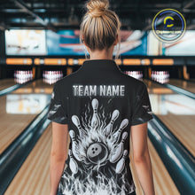 Load image into Gallery viewer, Black And White Flaming American Flag Skull Bowling Shirt For Women Custom Fire Bowling Team Jersey TDM4752