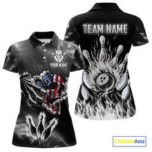Load image into Gallery viewer, Black And White Flaming American Flag Skull Bowling Shirt For Women Custom Fire Bowling Team Jersey TDM4752