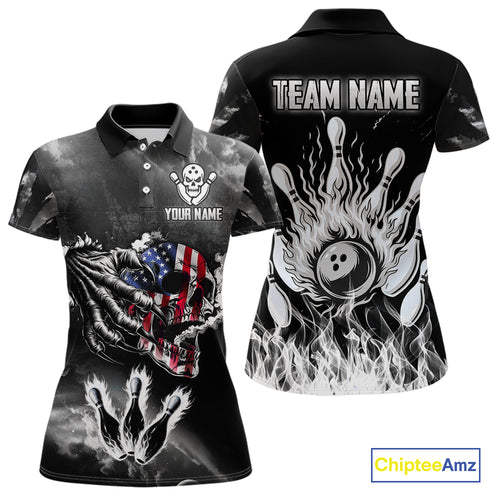 Black And White Flaming American Flag Skull Bowling Shirt For Women Custom Fire Bowling Team Jersey TDM4752