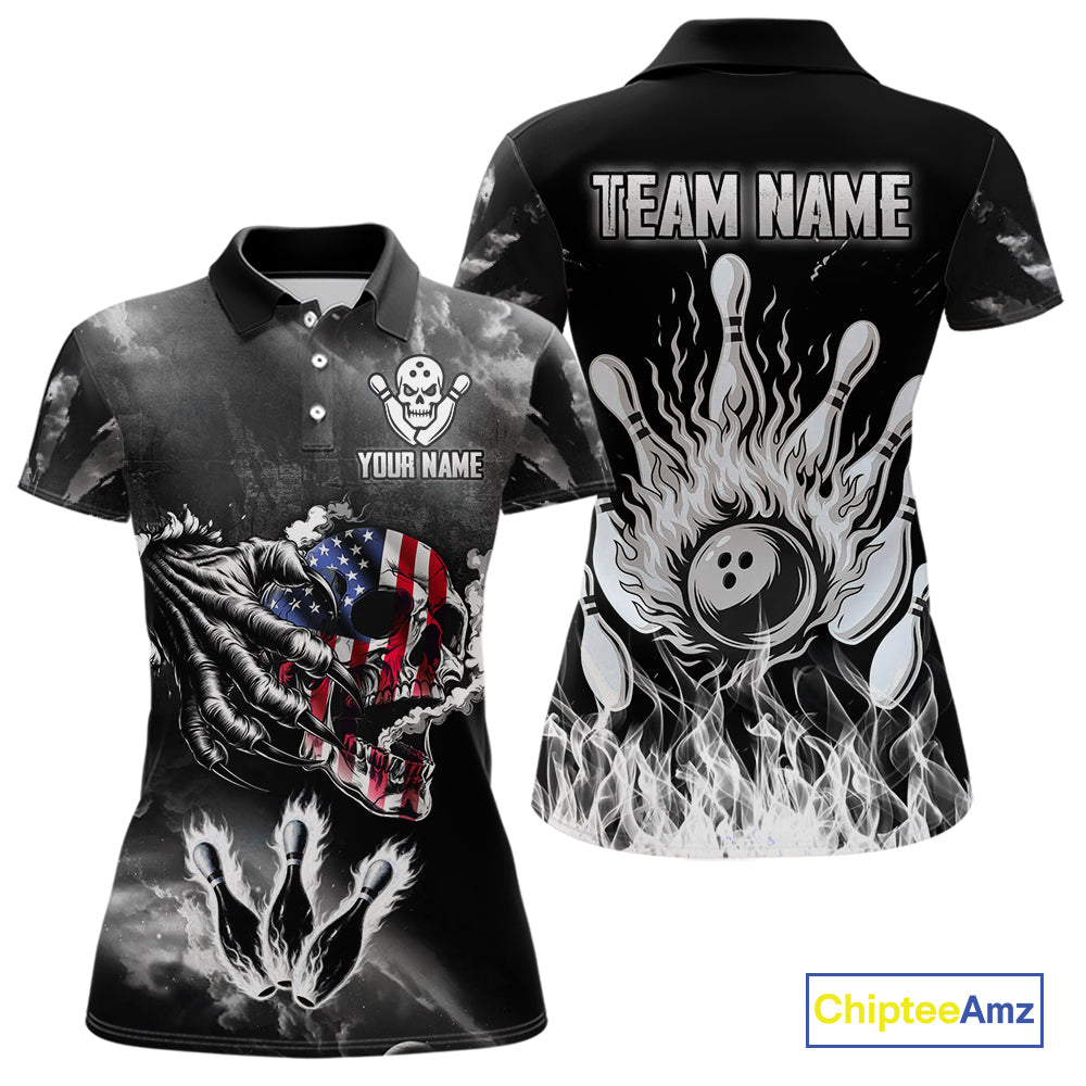 Black And White Flaming American Flag Skull Bowling Shirt For Women Custom Fire Bowling Team Jersey TDM4752