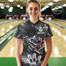 Load image into Gallery viewer, Black And White Flaming American Flag Skull Bowling Shirt For Women Custom Fire Bowling Team Jersey TDM4752