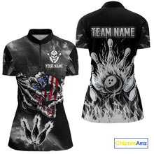 Load image into Gallery viewer, Black And White Flaming American Flag Skull Bowling Shirt For Women Custom Fire Bowling Team Jersey TDM4752