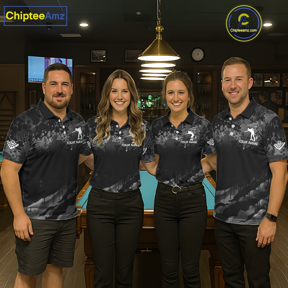 Personalized Grunge Camo Billiard Shirts For Men, 8 Ball Pool Team Jersey Polo & 1/4 Zip TDM5903