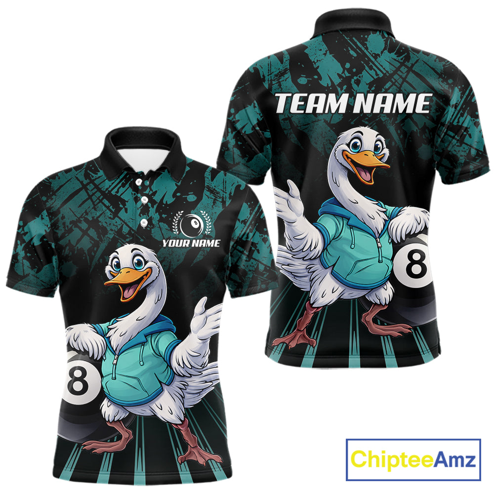 Black And Teal Grunge 8 Ball Pool Billiard Shirt For Men Custom Funny Duck Pool Team Jersey NYN3012