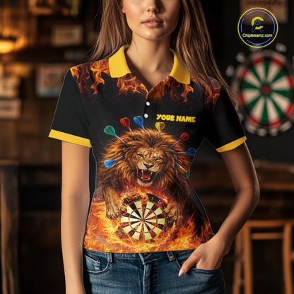 Personalized Fire Flame Lion Darts Shirt For Women Custom Darts Jersey Team Polo & Quarter Zip TDM6311
