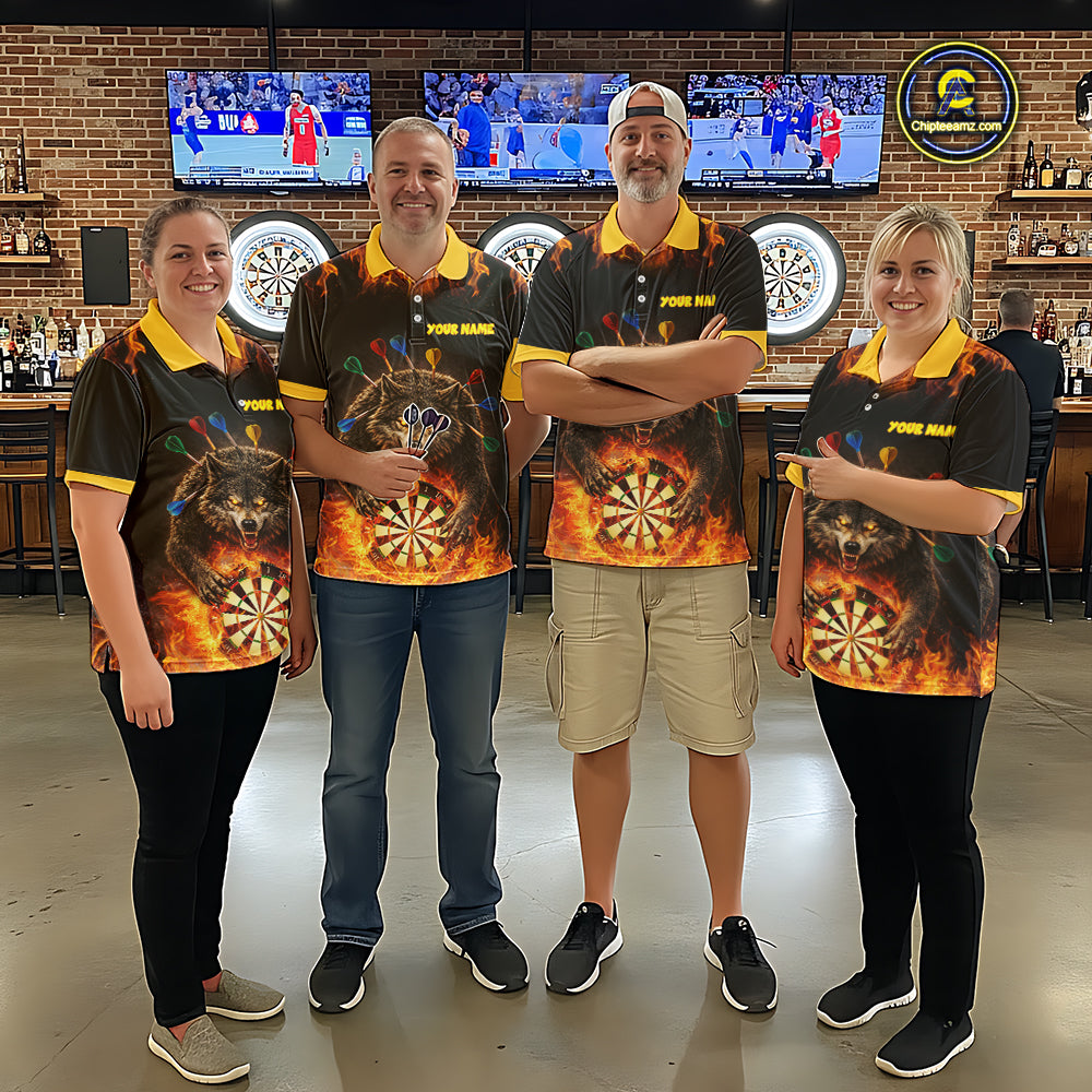 Personalized Fire Flame Wolf Darts Shirt For Men Custom Darts Jersey Team Polo & Quarter Zip TDM6314