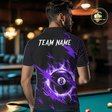 Load image into Gallery viewer, Back view of man wearing a purple thunder lightning 8 ball pool shirt in a billiards hall.