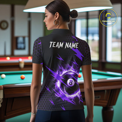 Back view of woman wearing a purple thunder lightning 8 ball pool shirt in a billiards hall.