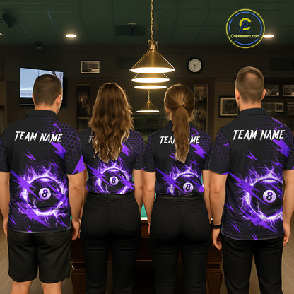 Back view of pool players wearing matching purple lightning billiard shirts in a game room.