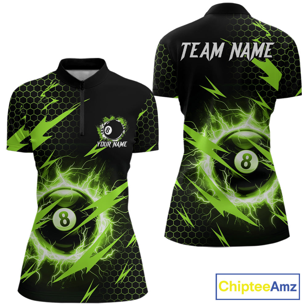 Green 8 ball thunder lightning billiard quarter zip shirt for women designed for league tournaments and team events.