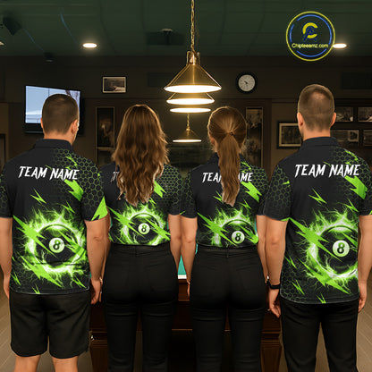 Back view of pool players wearing matching green lightning billiard shirts in a game room.