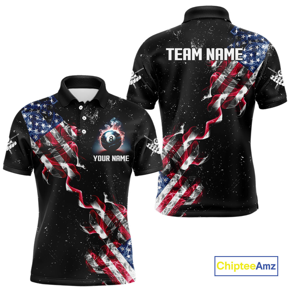 Customized Grunge US Flag Smoke Billiard Polo & 1/4 Zip For Men, Patriotic 8 Ball Pool Team Jersey TDM4546