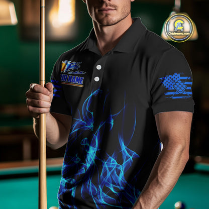 Blue Flaming US Flag 9 Ball Billiard Shirt For Men Custom Patriotic Pool Player Team Jersey TDM4547