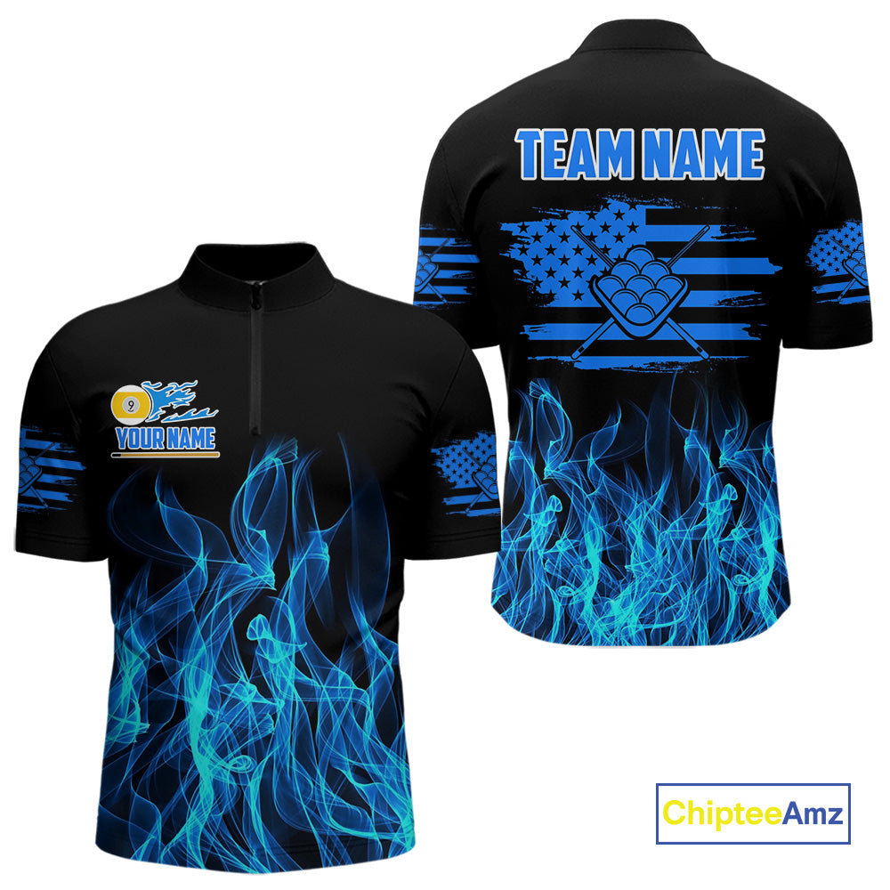 Blue Flaming US Flag 9 Ball Billiard Shirt For Men Custom Patriotic Pool Player Team Jersey TDM4547