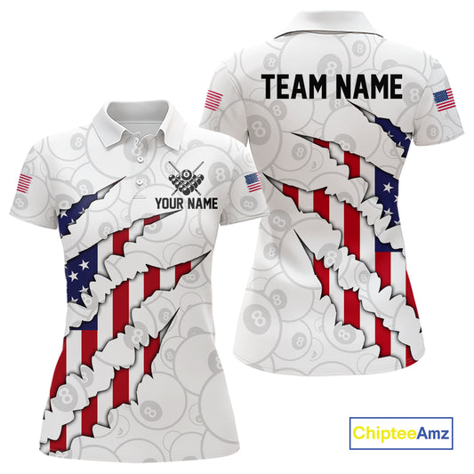 Personalized American Flag 8 Ball Polo & Quarter Zip Shirt For Women, Patriotic Pool Team Jersey TDM4551