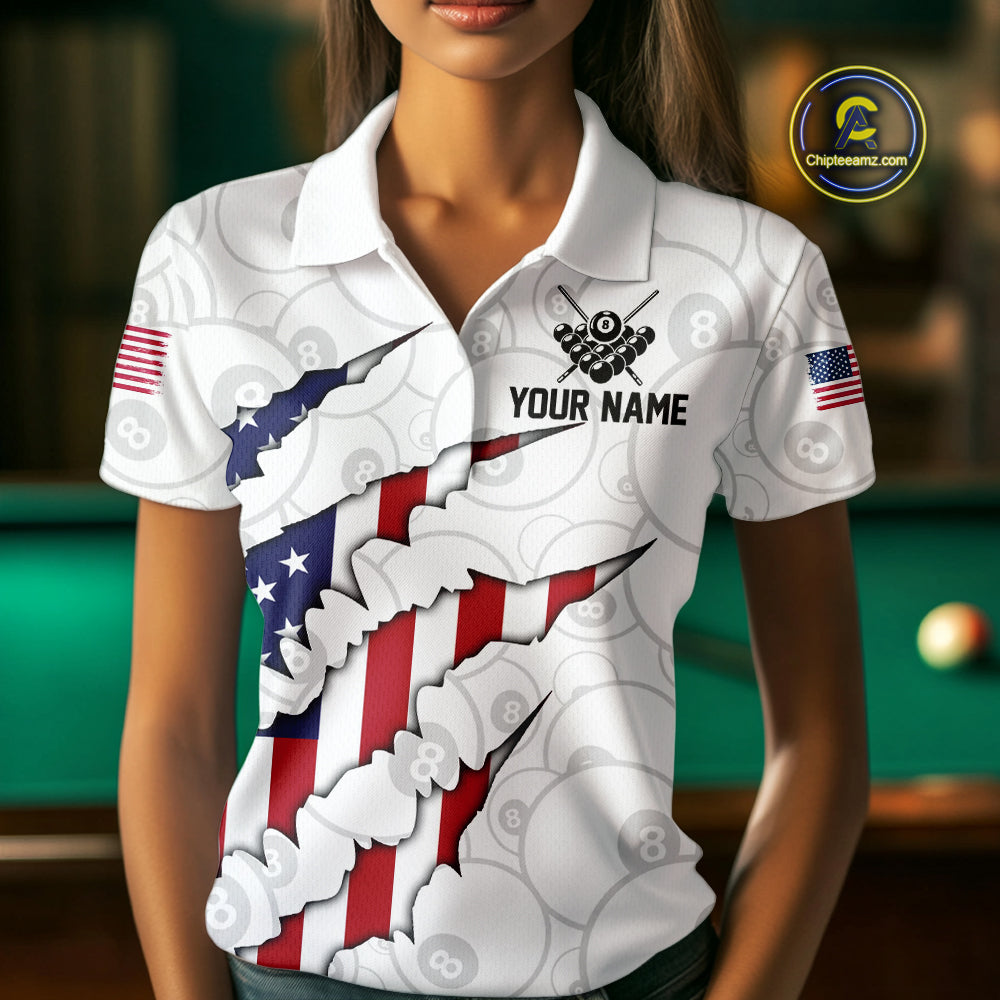 Personalized American Flag 8 Ball Polo & Quarter Zip Shirt For Women, Patriotic Pool Team Jersey TDM4551