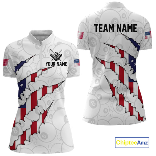 Personalized American Flag 8 Ball Polo & Quarter Zip Shirt For Women, Patriotic Pool Team Jersey TDM4551