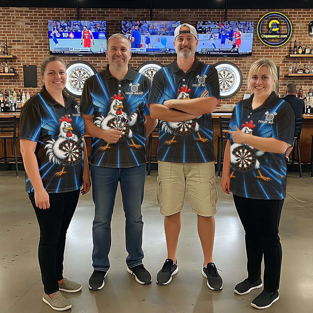 Blue Funny Chicken Playing Dartboard Guitar Custom Darts Shirts For Women, Darts Team Jersey TDM7202