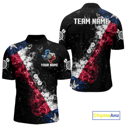 Personalized Black Grunge Texas Flag Smoke Darts Shirt For Men, Patriotic Team Dart Jerseys TDM5178