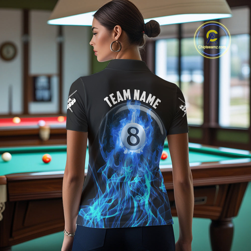 Blue Flaming 8 Ball Billiard Polo & 1/4 Zip For Women Custom Billiard Jersey, Pool Team Shirts TDM5431