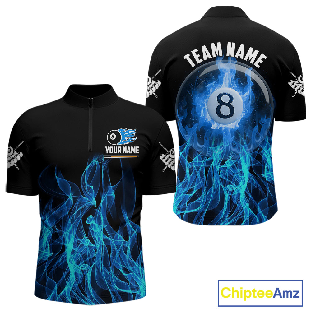 Blue Flaming 8 Ball Billiard Polo & 1/4 Zip For Men Custom Billiard Jersey, Pool Team Shirts TDM5431