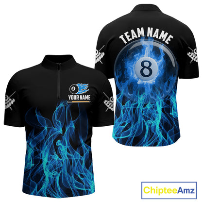 Blue Flaming 8 Ball Billiard Polo & 1/4 Zip For Men Custom Billiard Jersey, Pool Team Shirts TDM5431