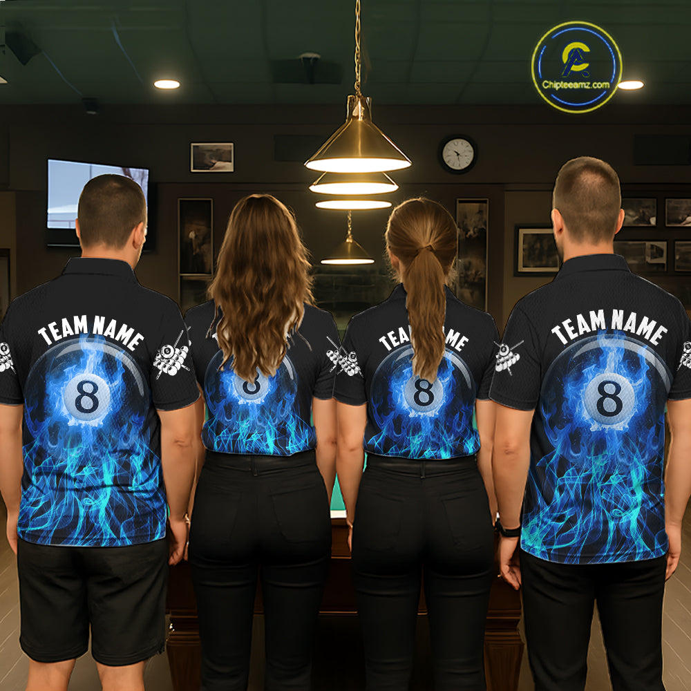 Blue Flaming 8 Ball Billiard Polo & 1/4 Zip For Men Custom Billiard Jersey, Pool Team Shirts TDM5431