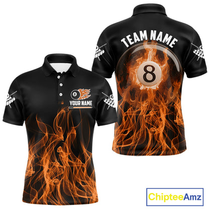 Orange Flaming 8 Ball Billiard Polo & 1/4 Zip For Men Custom Billiard Jersey, Pool Team Shirts TDM5432