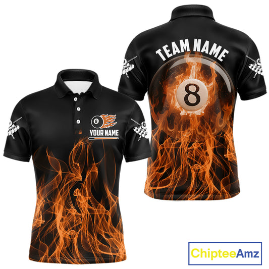 Orange Flaming 8 Ball Billiard Polo & 1/4 Zip For Men Custom Billiard Jersey, Pool Team Shirts TDM5432