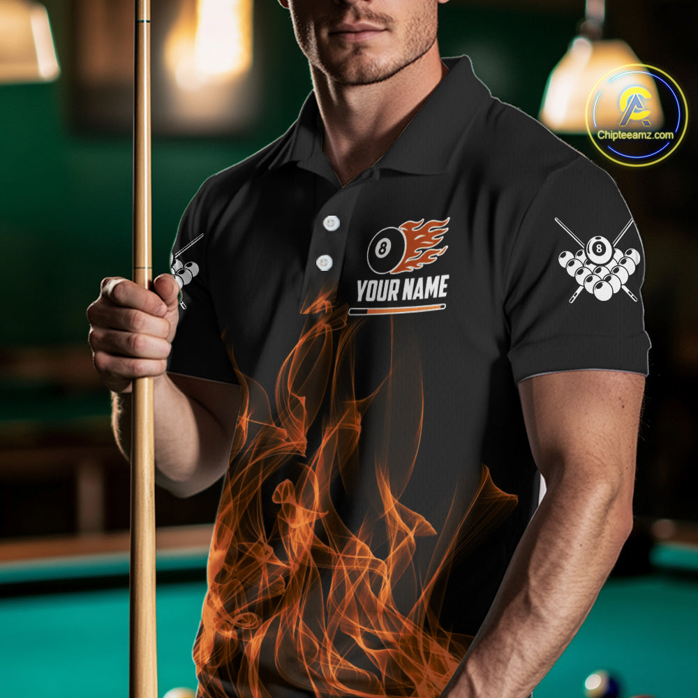 Orange Flaming 8 Ball Billiard Polo & 1/4 Zip For Men Custom Billiard Jersey, Pool Team Shirts TDM5432