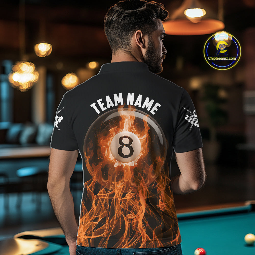 Orange Flaming 8 Ball Billiard Polo & 1/4 Zip For Men Custom Billiard Jersey, Pool Team Shirts TDM5432