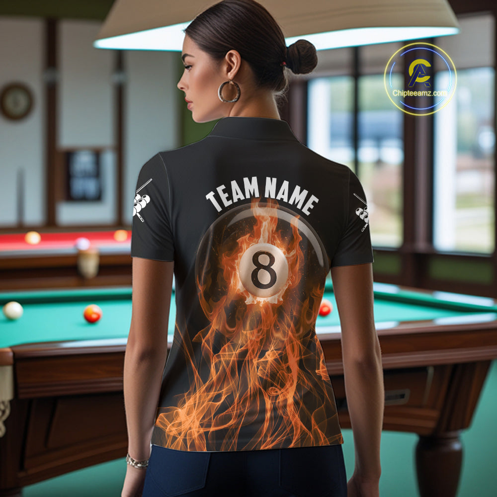 Orange Flaming 8 Ball Billiard Polo & 1/4 Zip For Women Custom Billiard Jersey, Pool Team Shirts TDM5432