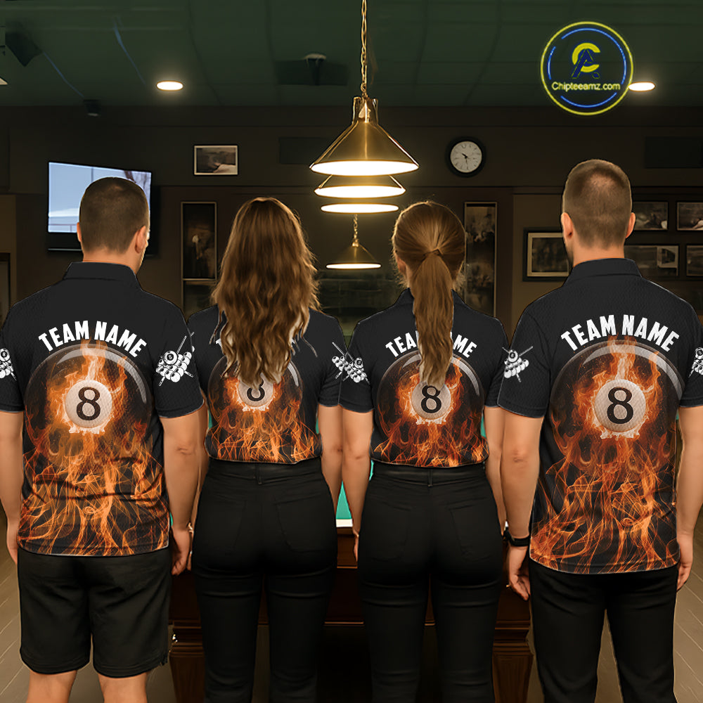 Orange Flaming 8 Ball Billiard Polo & 1/4 Zip For Women Custom Billiard Jersey, Pool Team Shirts TDM5432