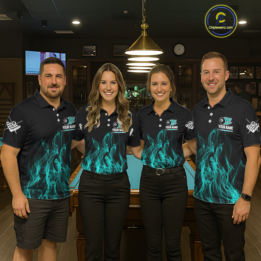 Turquoise Flaming 8 Ball Billiard Polo & 1/4 Zip For Men Custom Billiard Jersey, Pool Team Shirts TDM5433