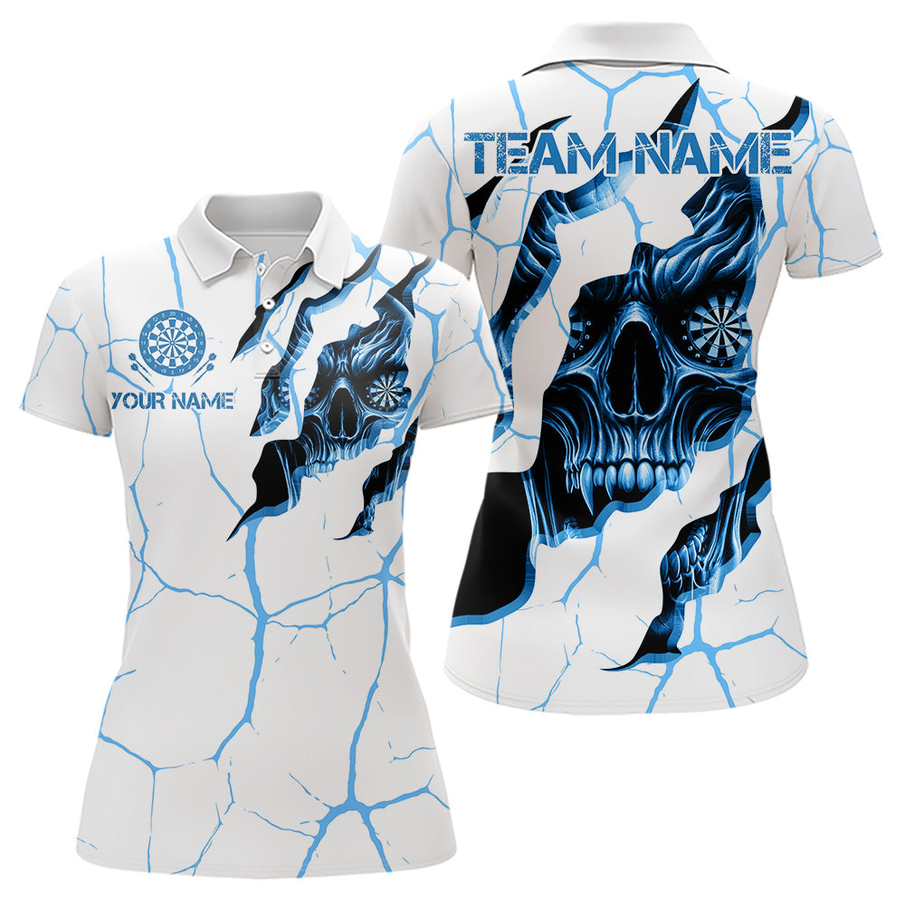 Personalized Skull White Blue Grunge Darts Polo & Quarter-Zip For Women Custom Dart Team Jerseys TDM3705