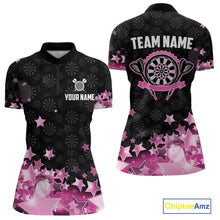 Load image into Gallery viewer, Funny Custom Dart Shirt For Women, Pink Black Glowing Star Pattern Darts Polo &amp; Quarter Zip TDM3885