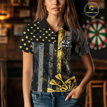Load image into Gallery viewer, Custom Gold Grunge US Flag Patriotic Darts Shirt For Women, Retro Darts Board Darts Team Jerseys TDM3972