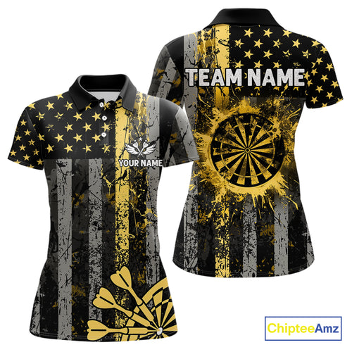 Custom Gold Grunge US Flag Patriotic Darts Shirt For Women, Retro Darts Board Darts Team Jerseys TDM3972
